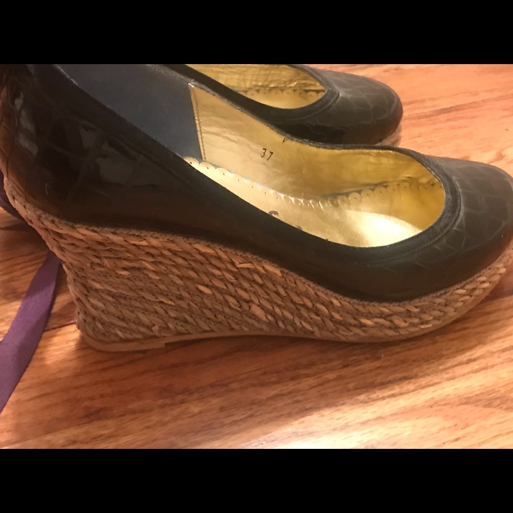 Unworn cork purple platforms with attached ribbons